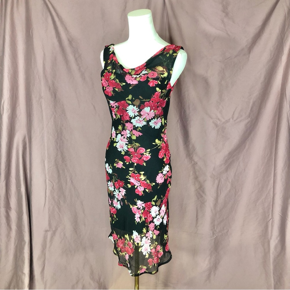 Floral Cowl Neck Midi Dress in Black and Pink Size Small